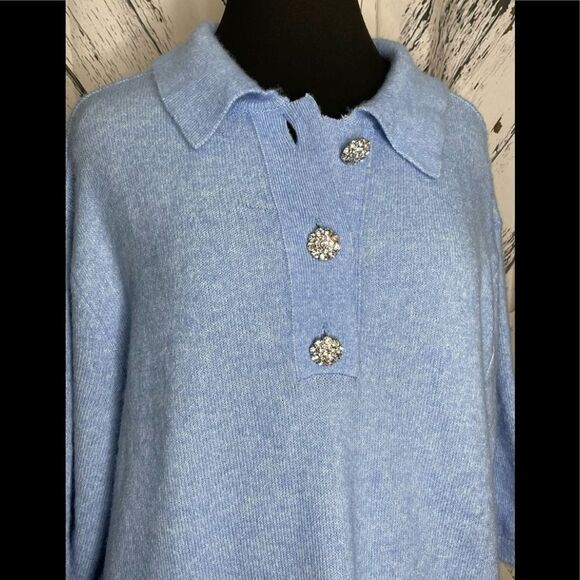 H&M Conscious Wool-Blend Sweater Rhinestone Buttons Blue M - Picture 2 of 11